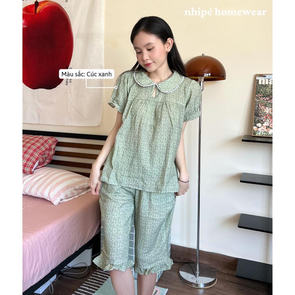Bộ đồ xô tay bồng quần lửng cổ sen Nhipé homewear nữ set đồ ngủ mặc nhà chất liệu cao cấp mềm mịn thoáng mát