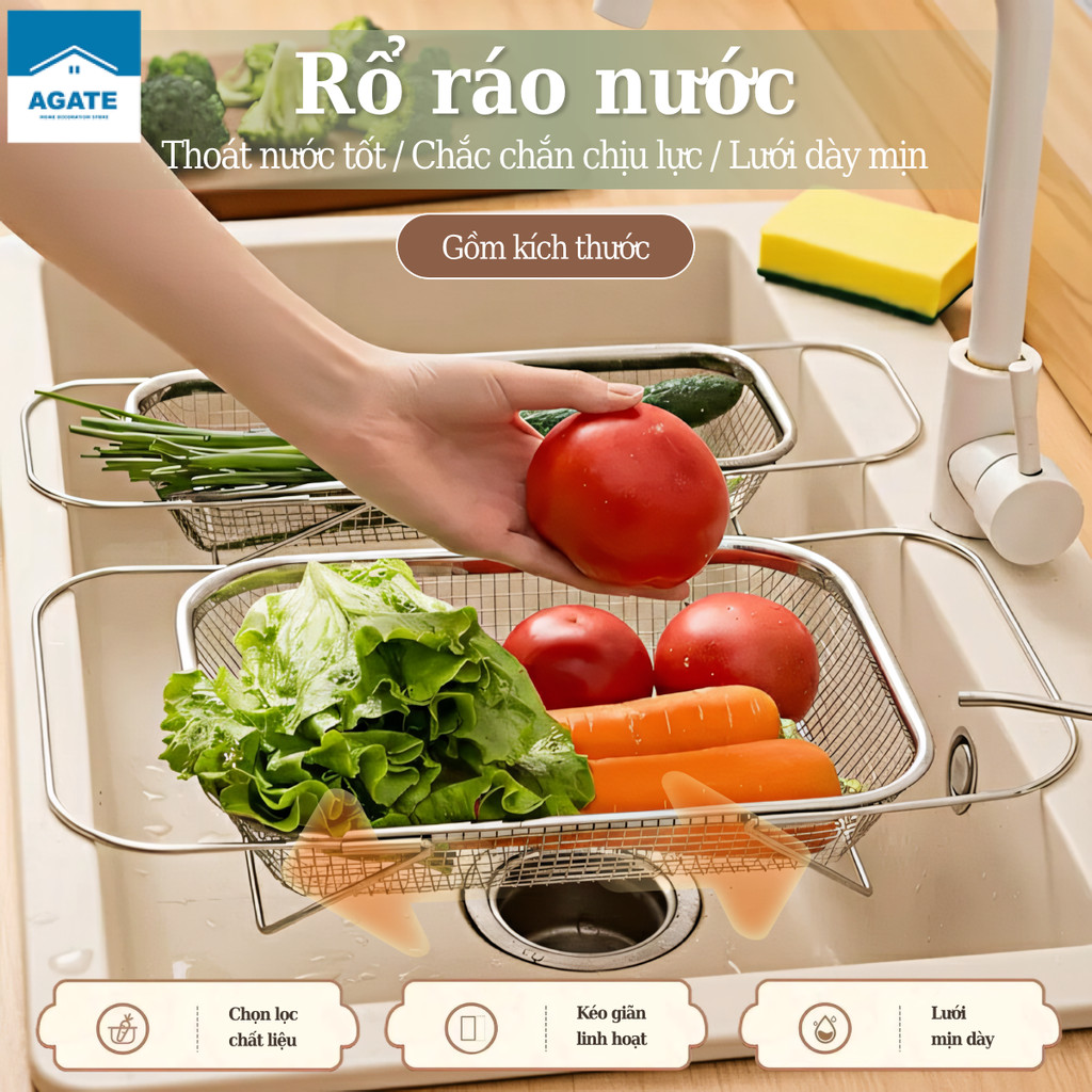 Rổ Inox Đa Năng Gác Chậu Rửa,Rổ Rửa Rau Củ Quả Bằng Thép Không Gỉ Có ...