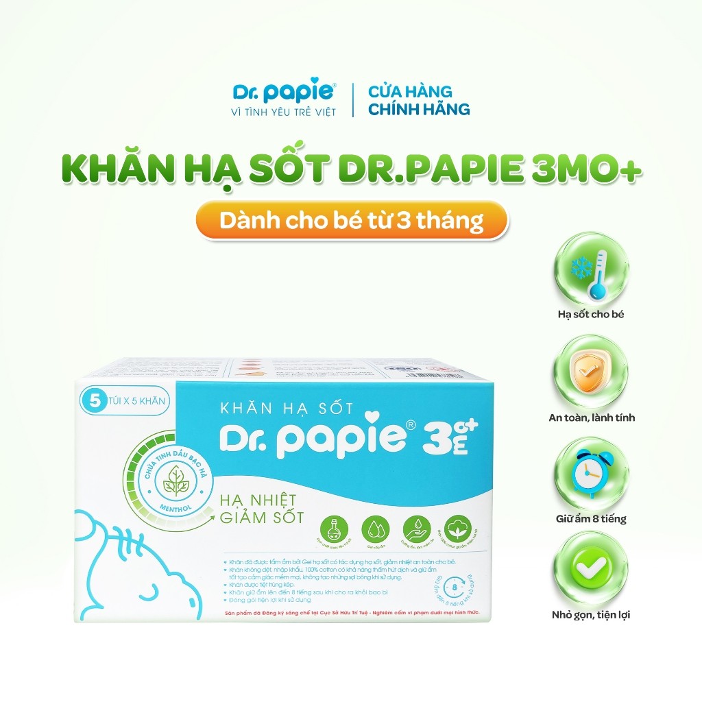 [Live] Khăn Hạ Sốt Thảo Dược Giảm Sốt Nhanh Chóng Ngăn Ngừa Co Giật Dr.Papie 3mo+ (25 khăn/hộp) Dành Cho Bé 3 Tháng