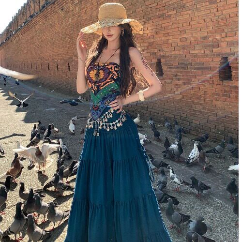 Set áo + chân váy xoè xanh vintage thời thượng (tặng belt)