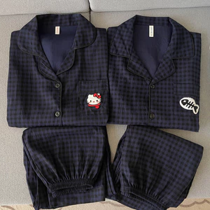 Shop Sapphire Blue Kẻ Sọc HelloKitty Cotton Nguyên Chất Gạc Cặp Đôi Bộ Đồ Ngủ Nữ Xuân Thu Phong Cách Dài Tay Nam Homewear