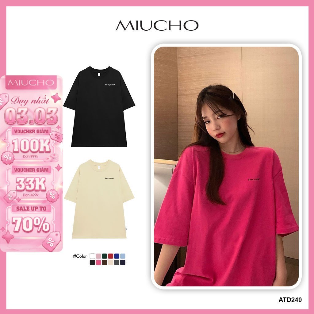 Áo thun nữ in chữ save yoursefl form rộng màu hồng ATD240 Miucho cổ tròn basic