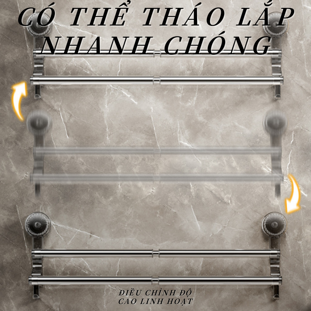 Thanh Treo Đồ Nhà Tắm Đa Năng Hút Chân Không - Thiết Kế 2 Tầng Mở Rộng, Treo Khăn Tắm, Áo Choàng, Dép, Bàn Chải Tiện Lợi