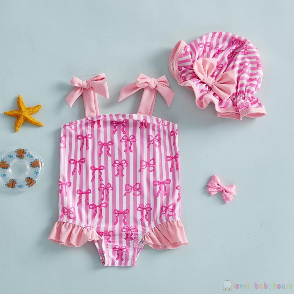 LBH-Toddler Girl Summer Strawberry / Bow / Cherry Print Áo tắm đeo vai không tay có mũ bơi