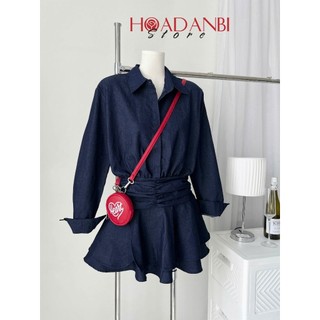 Váy Sơ Mi Bò Dài Tay Denim Xòe 2 Tầng Nhún Eo Nhẹ, Chuẩn Form Thiết Kế Dáng Ngắn Tôn Dáng