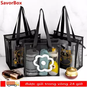 Túi Tote Đi Biển SAVORBOX, Túi Rửa Hoa Hoạt Hình, Lưới Nylon Thời Trang Có Dây Kéo Đeo Vai Túi Nữ