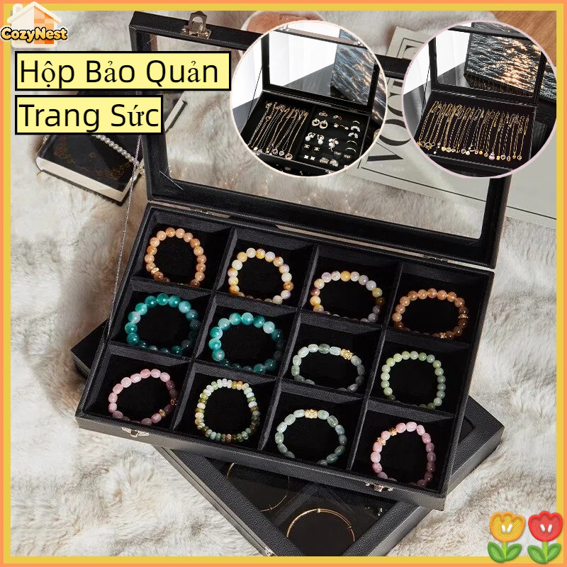 Hộp Bảo Quản Trang Sức Chống Oxy Hóa, Kính Dày Trong Suốt, Nhung, Đựng Vòng Tay Nhẫn Dây Chuyền