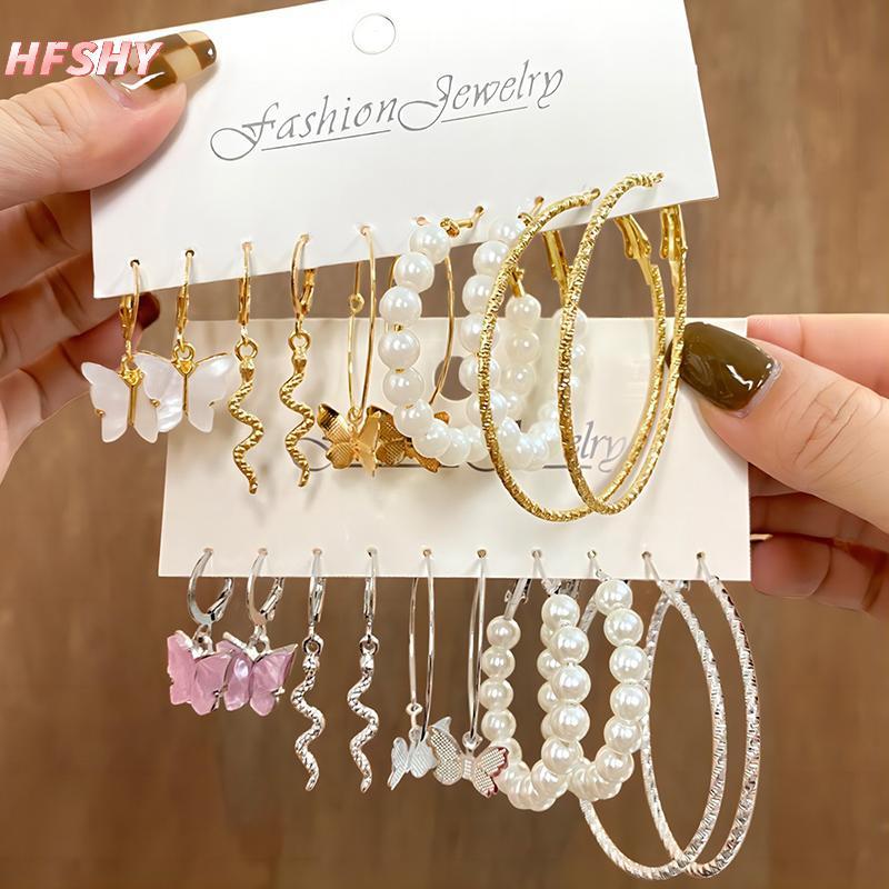 HFSHY 5 Cặp Bông Tai Tròn Màu Bạc với Ngọc Trai Phù Hợp Cho Bé Gái và Người Lớn