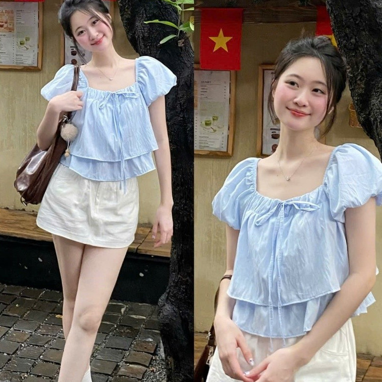 Áo Vai Chun Tay Bồng 2 Tầng Nơ Cổ Dáng Lửng A3090 Bigsize