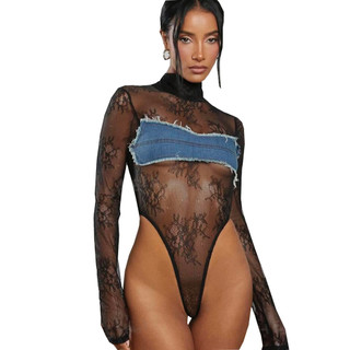 Áo sơ mi phong cách châu Âu - Mỹ, ren denim xuyên thấu, cổ cao dáng dài