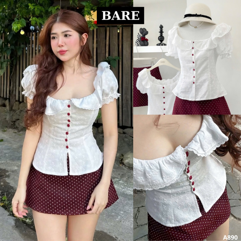 Áo Cổ Bèo Tiểu Thư Tay Bồng Phối Nút Màu, Chất Ren Boi Thêu Siêu Xinh_A890