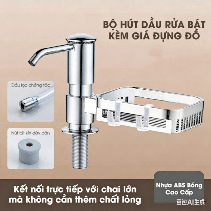 Bộ Vòi Bơm Nước Rửa Chén Bằng Nhựa ABS Cao Cấp - Kèm Kệ Đựng Đồ, Tự Động Hút Dầu, Ống Dẫn Silicon Dài 1.2m