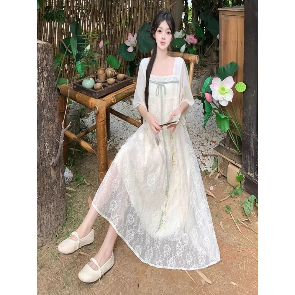 Váy thêu ren phong cách cổ điển Trung Quốc mới dành cho nữ, váy Hanfu dáng rộng dài qua gối cỡ lớn mùa hè