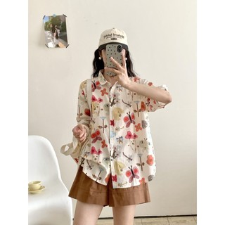 Sẵn sàng - Áo sơ mi nữ tay ngắn 100% sợi cotton cao cấp mùa xuân 2026, thiết kế hoạt hình ngọt ngào với họa tiết graffiti
