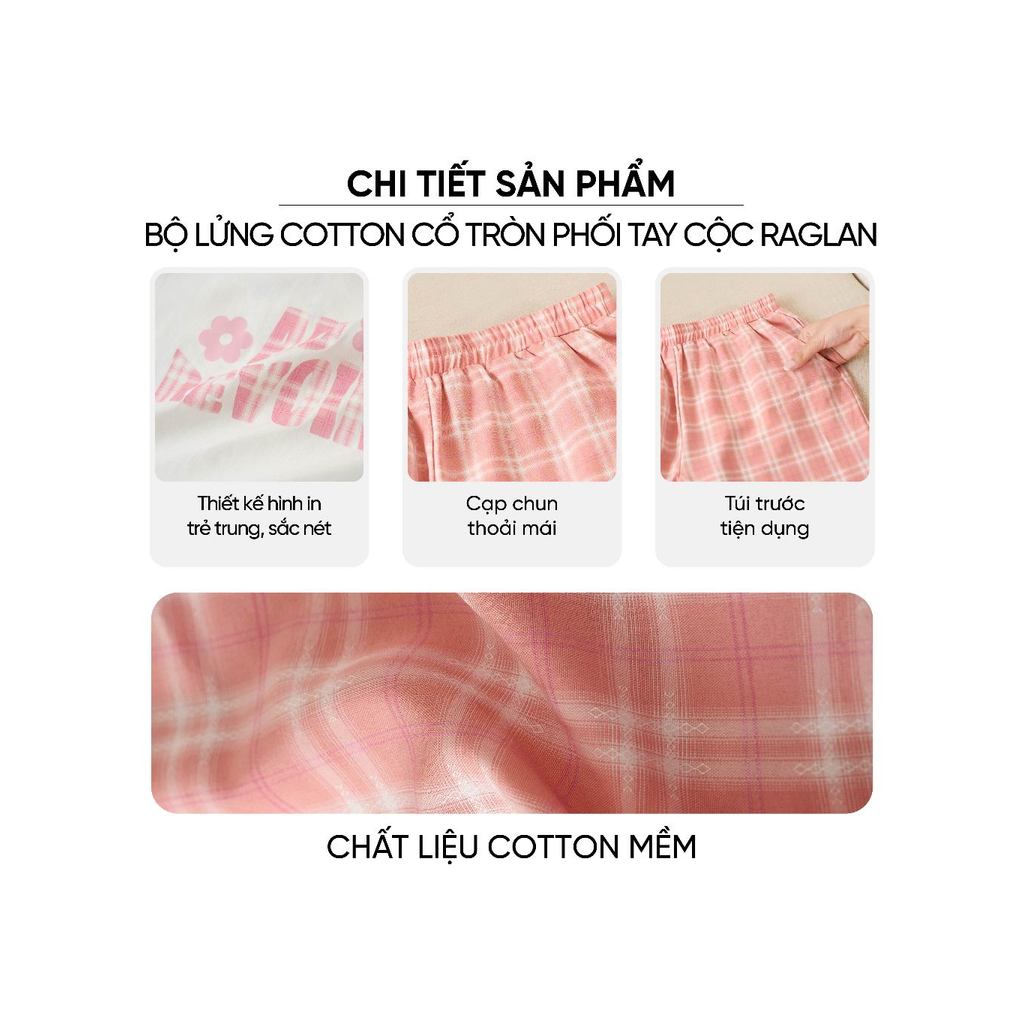 Đồ bộ nữ CARDINA chất cotton cổ tròn phối tay raglan quần thô lửng 6BCL01
