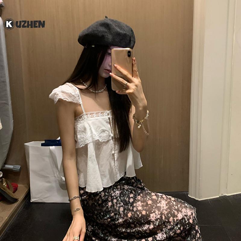 KUZHEN Áo Thun Ren Chắp Vá Camisole Nữ - Phong Cách Hàn Quốc, Thoáng Mát Cho Mùa Hè