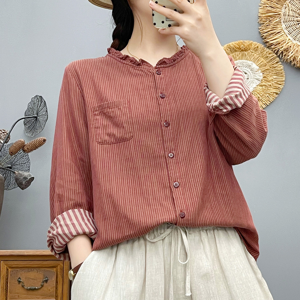 [Hàng có sẵn] Áo sơ mi nữ dài tay họa tiết sọc, chất liệu cotton, thiết kế cổ điển thoải mái