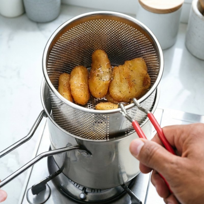 Nồi chiên ngập dầu thép không gỉ 304 an toàn sức khỏe tiết kiệm dầu phù hợp mọi bếp kèm rổ lọc kẹp