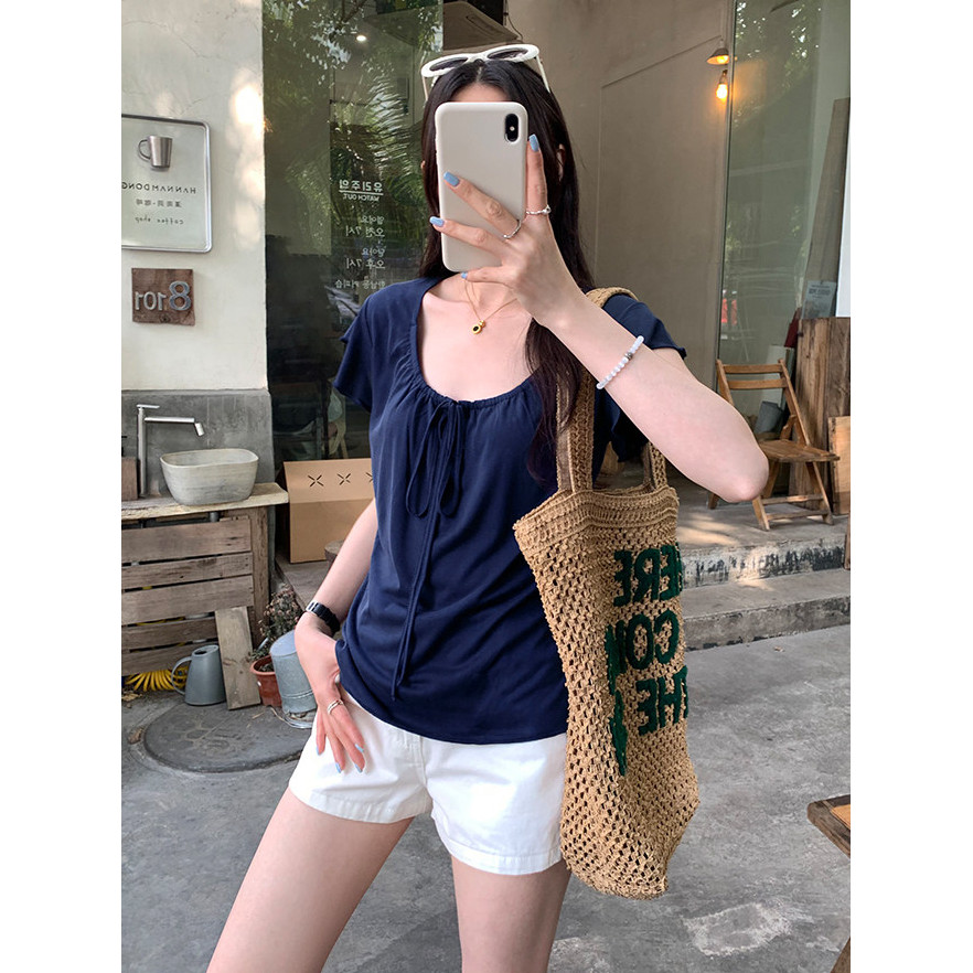 SUXI Áo thun xếp nếp nữ, phù hợp mặc hàng ngày mùa hè 260401