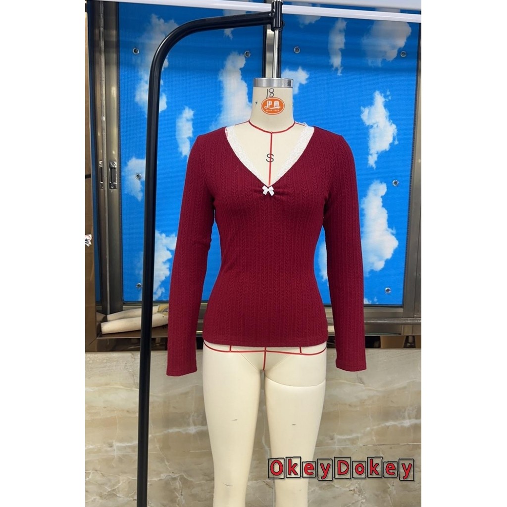 OKDK - Áo thun nữ Cottage Vintage slim fit với nơ ren viền cổ chữ V, phù hợp mùa thu