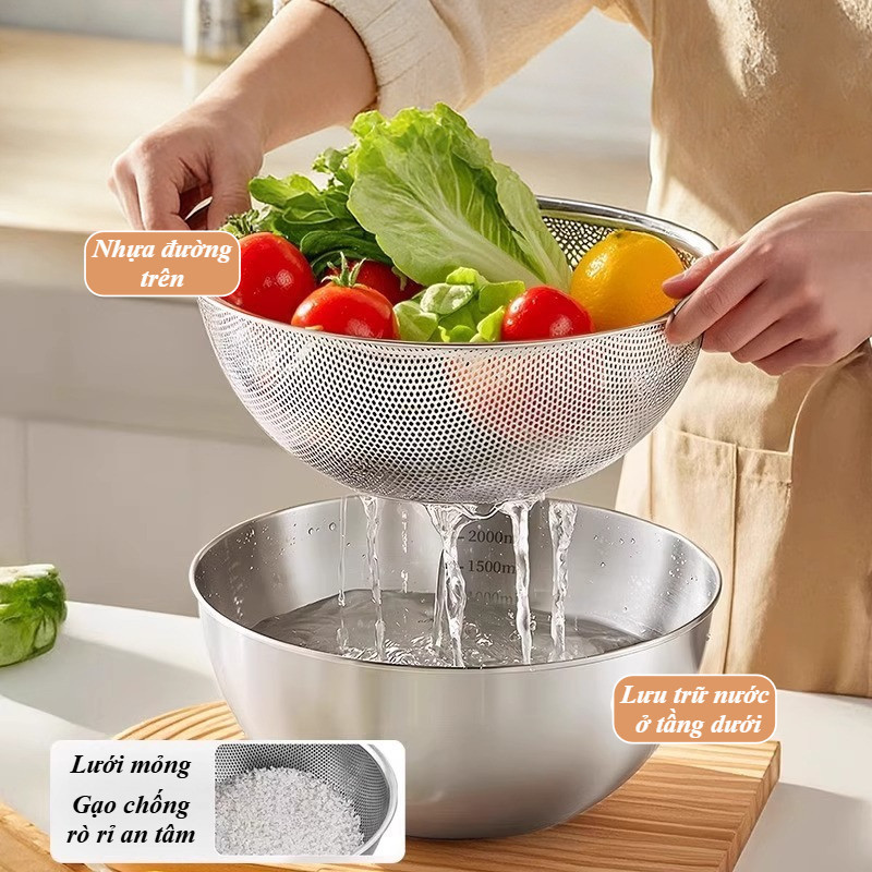 Chậu Rửa Rau Inox 304 Có Giỏ Lọc, Dày Bền, Không Gỉ, Size 19/22/28cm, Đa Năng Nhà Bếp