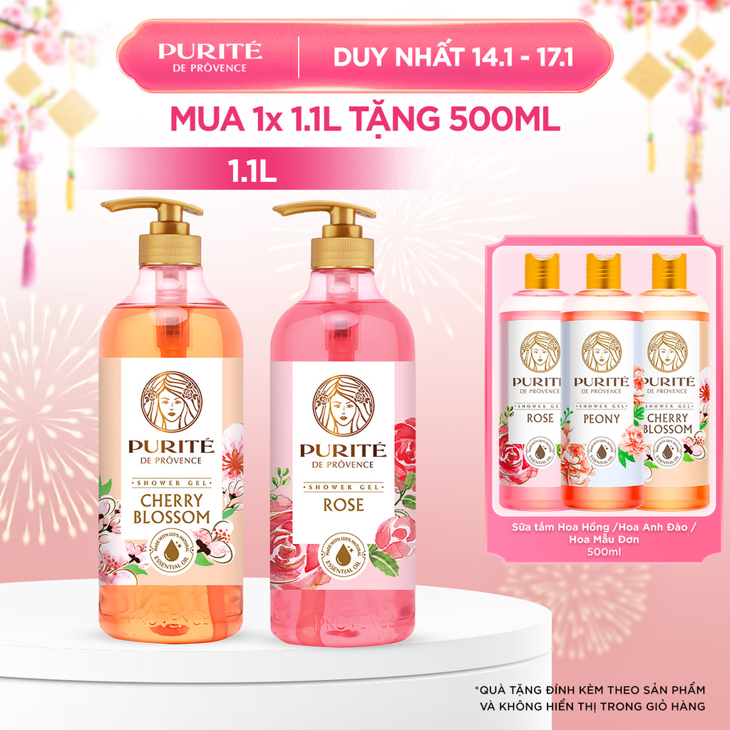Combo Sữa Tắm PURITÉ 1.1L Hương Hoa Anh Đào/Hoa Hồng và Sữa Tắm Hương Hoa Anh Đào/Hoa Mẫu Đơn/Hoa Hồng 500ml