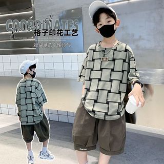Áo thun tay ngắn cho bé trai – Cotton mỏng in họa tiết ô vuông, form rộng phong cách street mùa hè