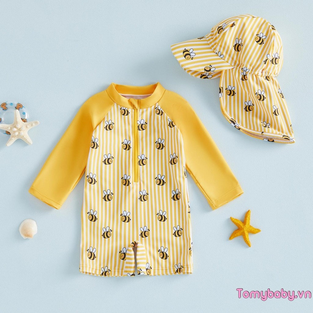 Đồ bơi Baby Rash Guard Bee / Dưa hấu / Thuyền buồm In sọc Zip Up Đồ bơi dài tay có mũ Bộ 2 chiếc