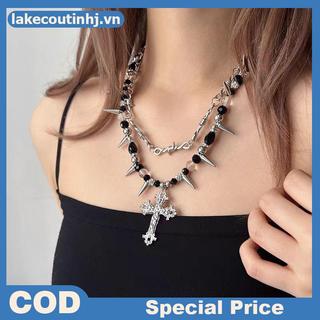 Vòng cổ nữ phong cách Gothic tốipunk vintage với hạt gai đinh tán, thiết kế hai lớp