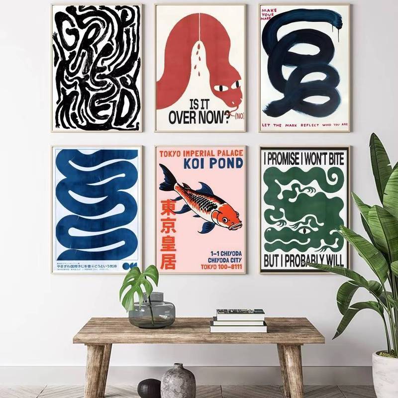 Cổ Điển Trừu Tượng Nhật Bản Retro Cá Koi Thư Pháp Tranh Canvas Nghệ Thuật Phương Đông Trang Trí Tường Nghệ Thuật Nhà Trang Trí Tường Canvas Poster