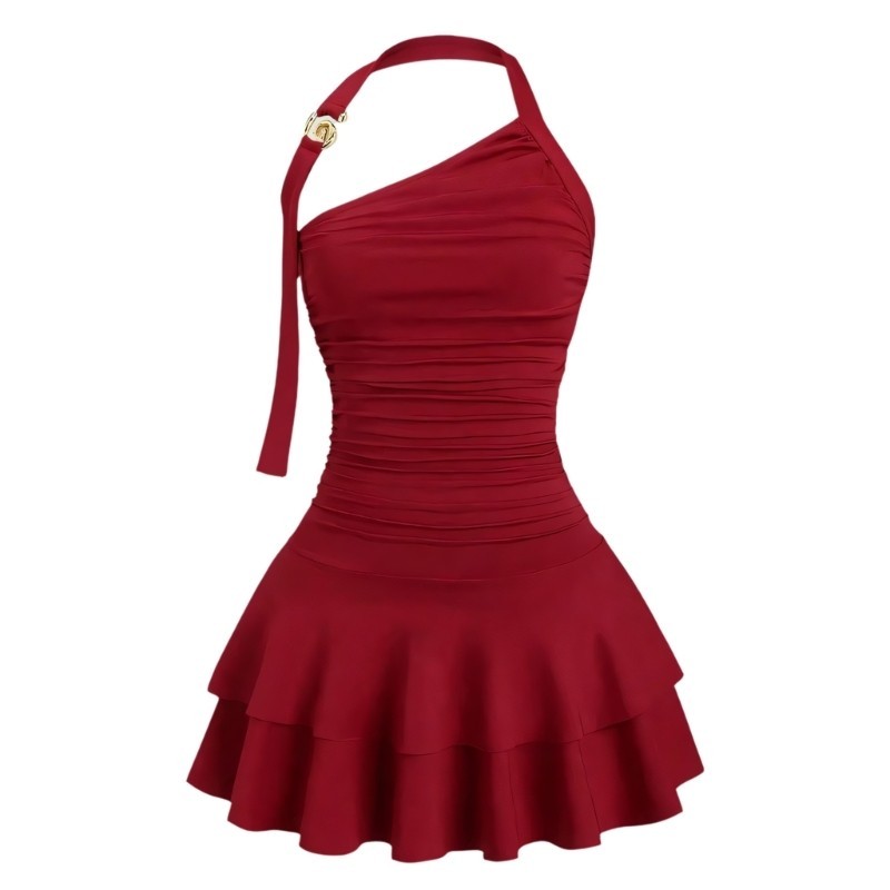 Shoulder Wrap Neck Bodycon A Line Pleated Dress For Women Lady Color Option