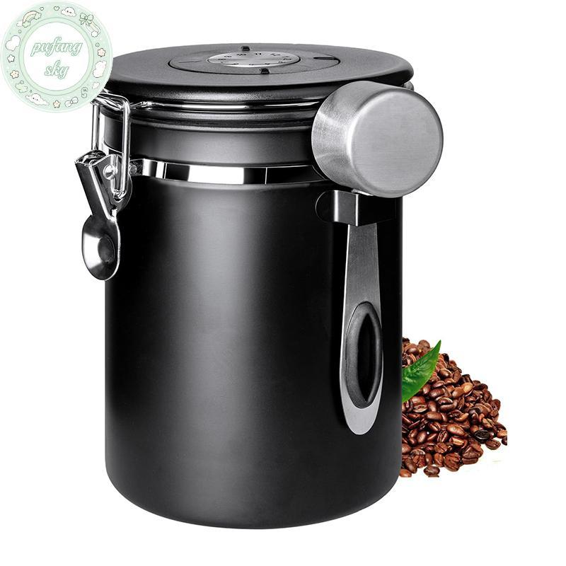 Hộp đựng cà phê PUSKY kín khí Van một chiều bằng thép không gỉ Hộp đựng thực phẩm nhà bếp có ngày trao đổi và muỗng cho xay cà phê 1.2 1.5 1.8L VN