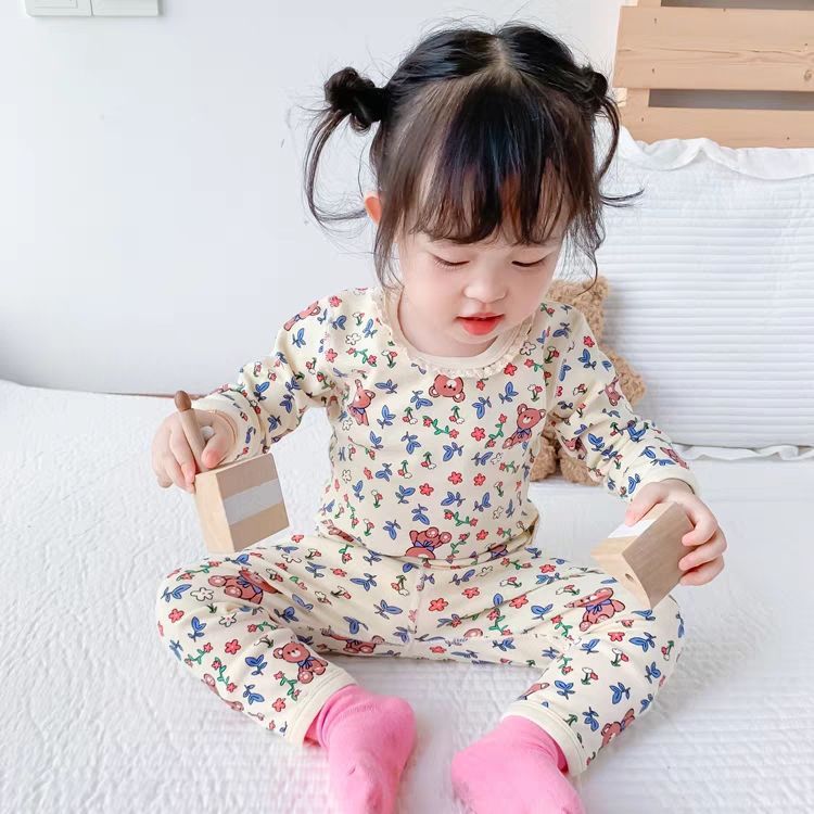 Bộ đồ mặc nhà cho bé gái Xuân Thu Đông Bộ đồ ấm áp hoa 80-140 Size 8V6F