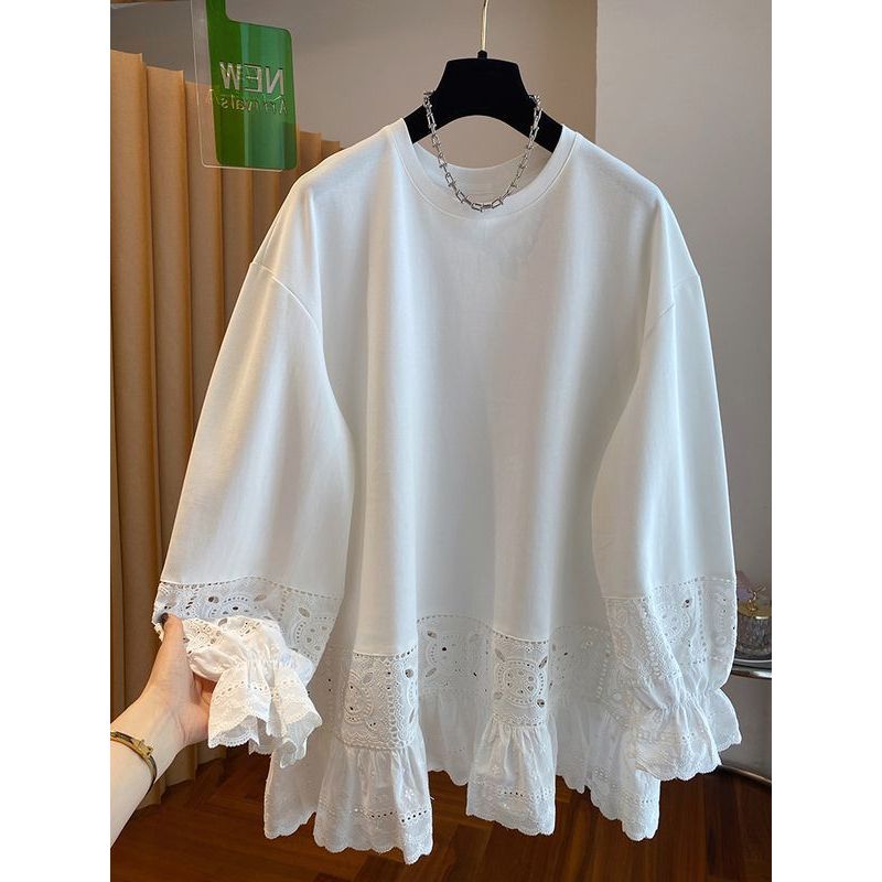 <![Little Cute Wear] Áo sơ mi ren móc màu trắng size lớn, phong cách mới với cổ tròn và đáy áo
