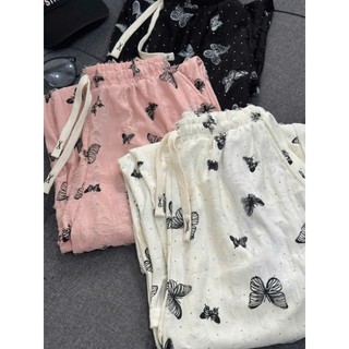 Quần Ống Rộng – In Bướm Đính Đá, Lưng Thun Streetwear Unisex, 3 màu cá tính.