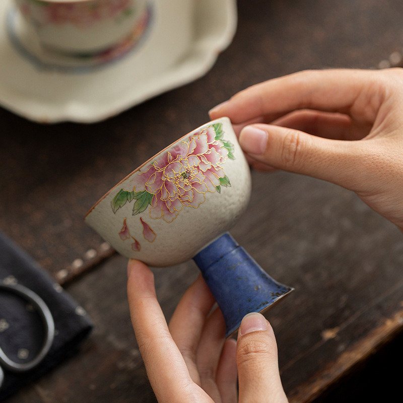 Retro Xanh Trắng Đá Lửa Đen Trà Hoa Mẫu Đơn Master Cup Cốc Hộ Gia Đình Cao Cấp Giá Trị Cao Cấp Cốc Trà Cá Nhân 26.3.2 7UQ3