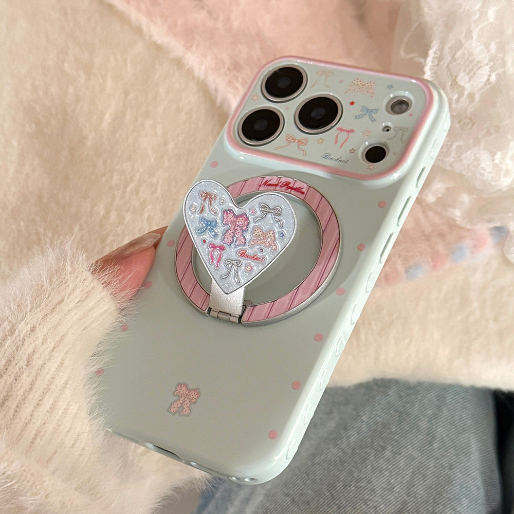 Giá đỡ gấp từ tính Bowknot Side Love Heart Vỏ điện thoại mềm cho iPhone 17 Pro Max 16 15 14 13 Vỏ bảo vệ chống sốc