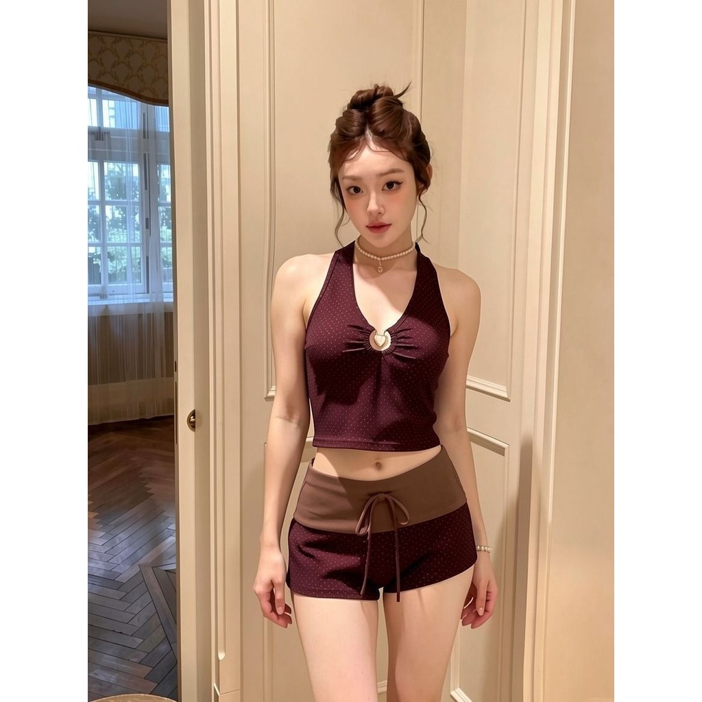 Retro Cổ Chữ V Chia Đồ Bơi Bảo Thủ Quần Short Eo Cao Kỳ Nghỉ