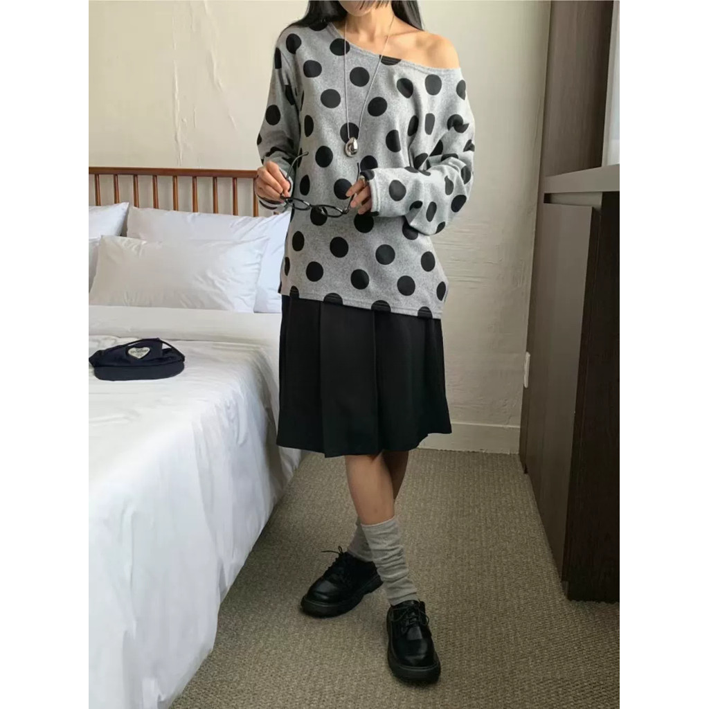Milyfashion Rời Kích Thước Lớn Thường Ngày Thu Đông Phong Cách Mới Top Nữ Phù Hợp Với Lười Chấm Bi In Hình Cổ Tròn Áo Chui Đầu Đeo Vai Dài Tay