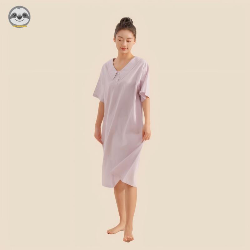 Phong cách Nhật Bản Muji Style / Váy ngủ rộng tay ngắn Cotton nguyên chất mùa hè dành cho nữ / Váy cổ chữ V mát mẻ mùa hè / Có thể mặc bên ngoài Váy một mảnh mềm mại thoải mái