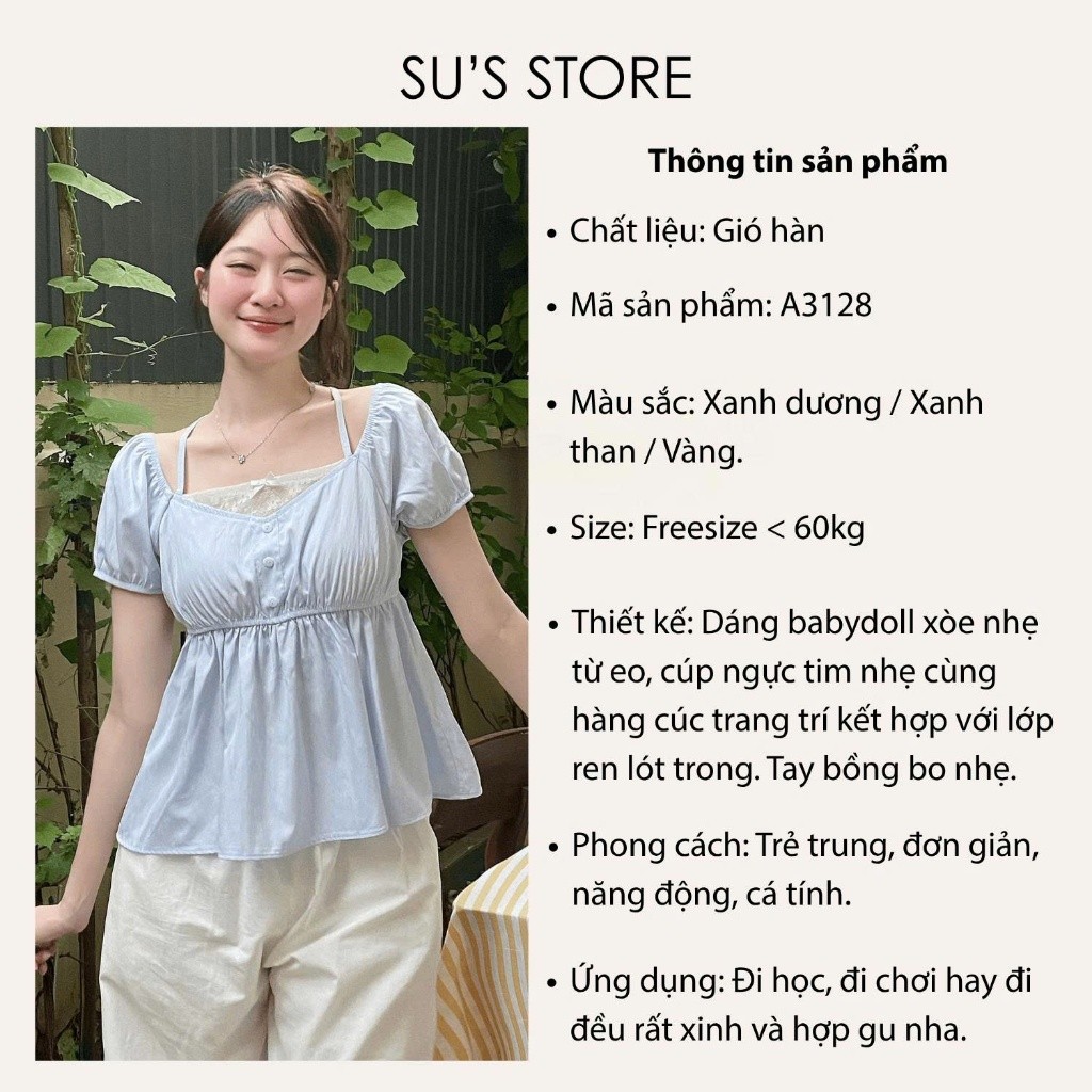 Áo Kiểu Cổ Phối Ren Dáng Yếm Mix Tay Bồng Cúc Dọc Chun Eo A366128  Thời Trang Nữ