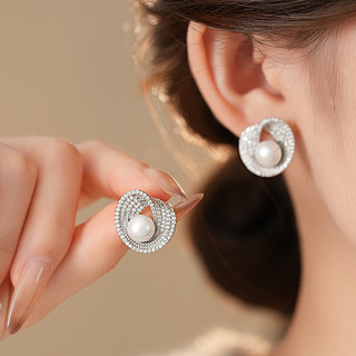 Bông tai ngọc trai tròn màu bạc với đá zircon, phong cách châu Âu và Hàn Quốc