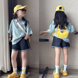 Bộ đồ bé gái áo thun rách + quần short jean - set Hàn Quốc cá tính thoáng mát mùa hè