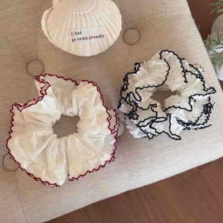 Dây buộc tóc Hululu với thiết kế mới có viền đỏ pháp ren scrunchy, tươi sáng và bóng mượt, phụ kiện hoàn hảo cho đuôi ngựa.