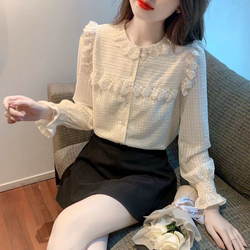 Áo sơ mi ren tay dài nữ, phong cách Hàn Quốc mới mùa thu, áo voan thanh lịch và thời trang, áo đa năng.