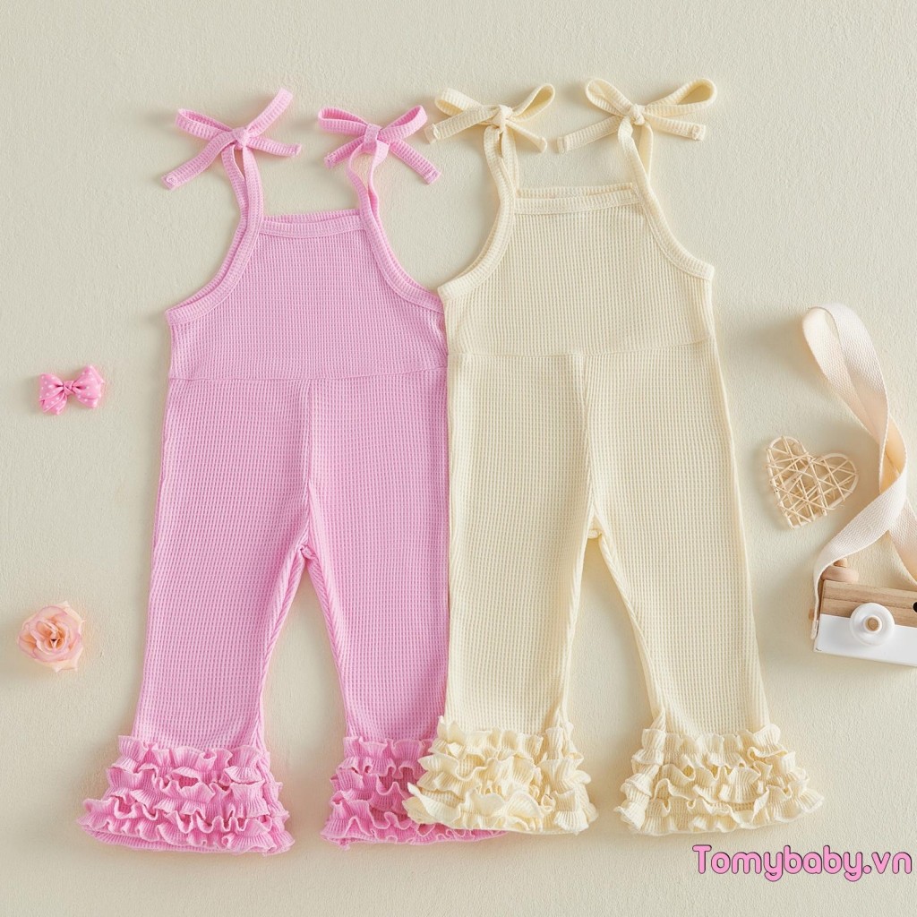Bộ áo liền quần mùa hè cho bé gái mới biết đi Màu trơn xếp lớp Viền xù Thắt vai Chuông đáy Quần yếm