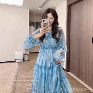[Giảm giá 10% trong thời gian có hạn] Seckill Size Lớn Chất Lượng Cao Phong Cách Phương Tây Nữ Phong Cách Mới Trà Cổ Chữ v Đầm Dài Tay Nữ Rời Đầu Mùa Xuân Eo Ôm Hơn Nhìn Kỳ Nghỉ Một