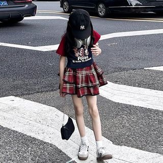 Bộ đồ bé gái áo thun + chân váy xếp ly caro - phong cách học viện dễ thương mùa hè