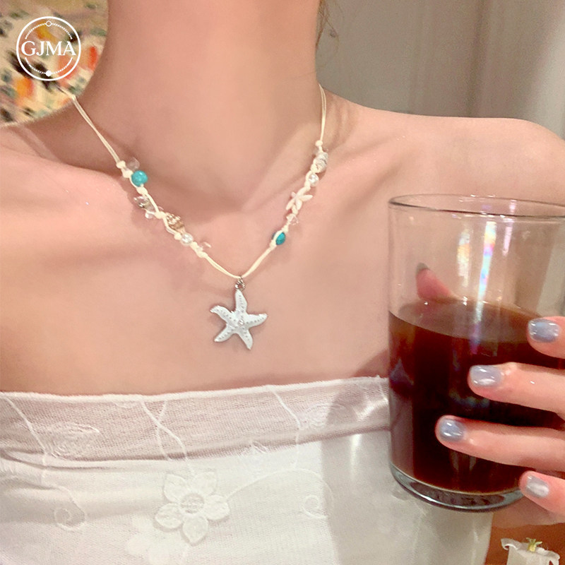 Vòng cổ dệt đính cườm sao biển và vỏ, phụ kiện phong cách đi biển