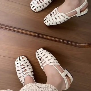 Giày Sandal Dệt Ngón Chân Nữ Rỗng Thấp Gót Lồng Lợn Giày Dây Đeo Bằng Đi Lại Tất Cả Trận Đấu Giày La Mã
